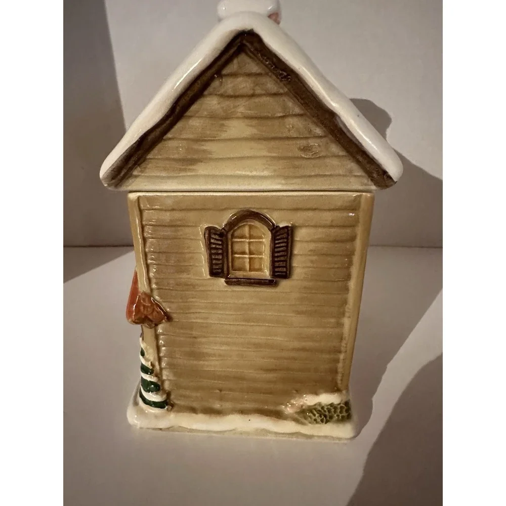 Otagiri Japan Cookie Biscuit Jar Canister Hand Painted Ceramic House Snow Xmas